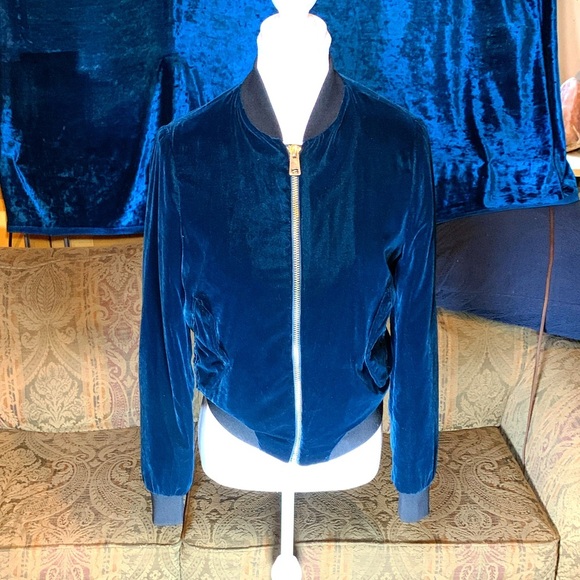 Vintage Y2K 90s Bomber Jacket Velvet Royal Blue Preppy Velour Twee Coquette 1990 - Picture 2 of 16